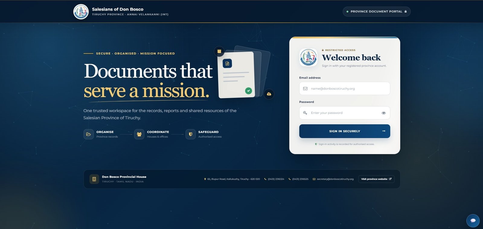 The province document portal: society, land, building and econome records in one secure workspace.