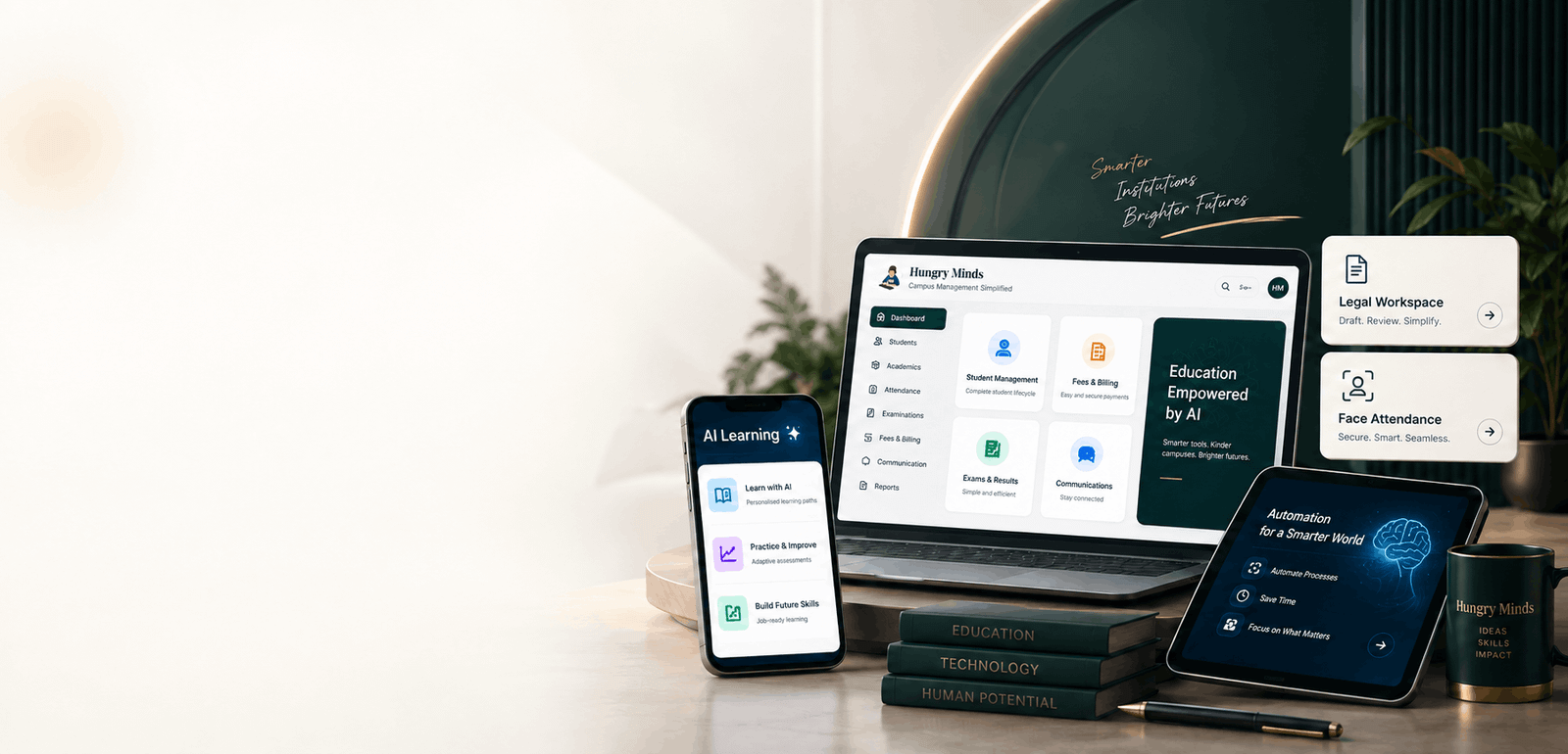 Hungry Minds software, AI and digital products across laptop, phone and tablet