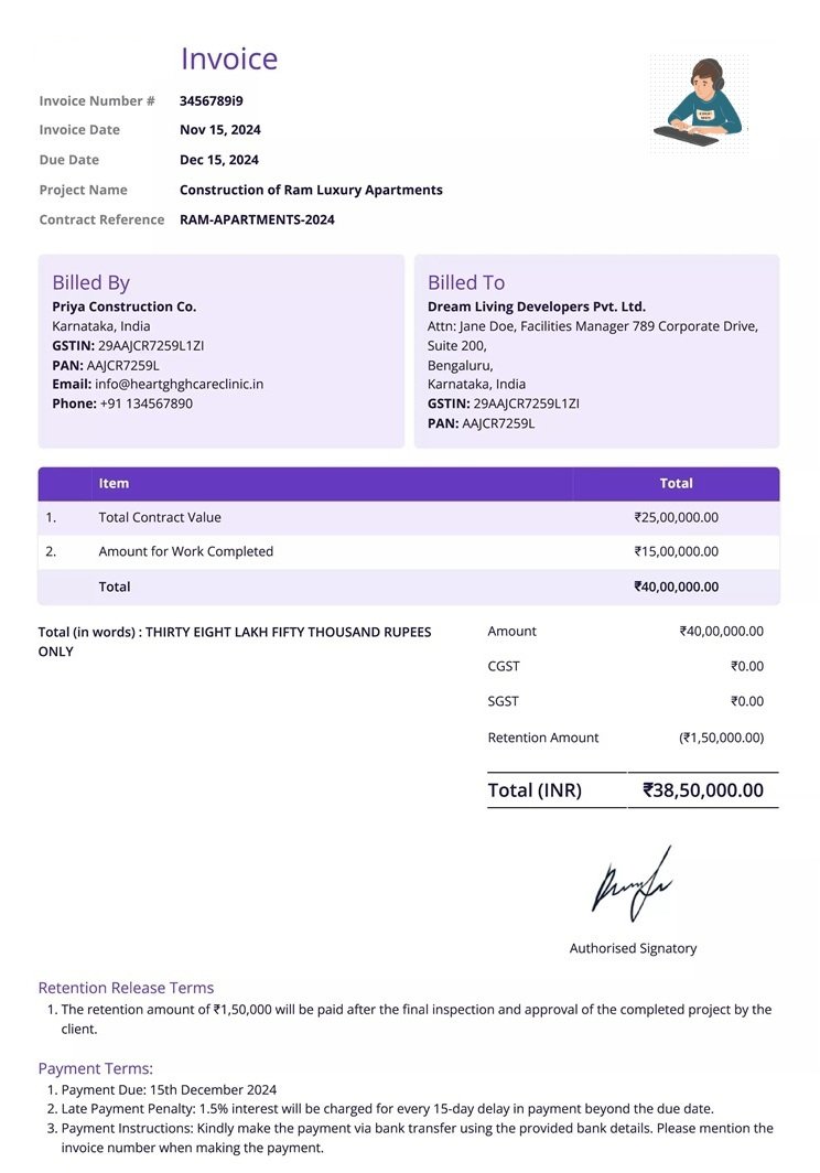 A clean, professional invoice, generated automatically and ready to send.