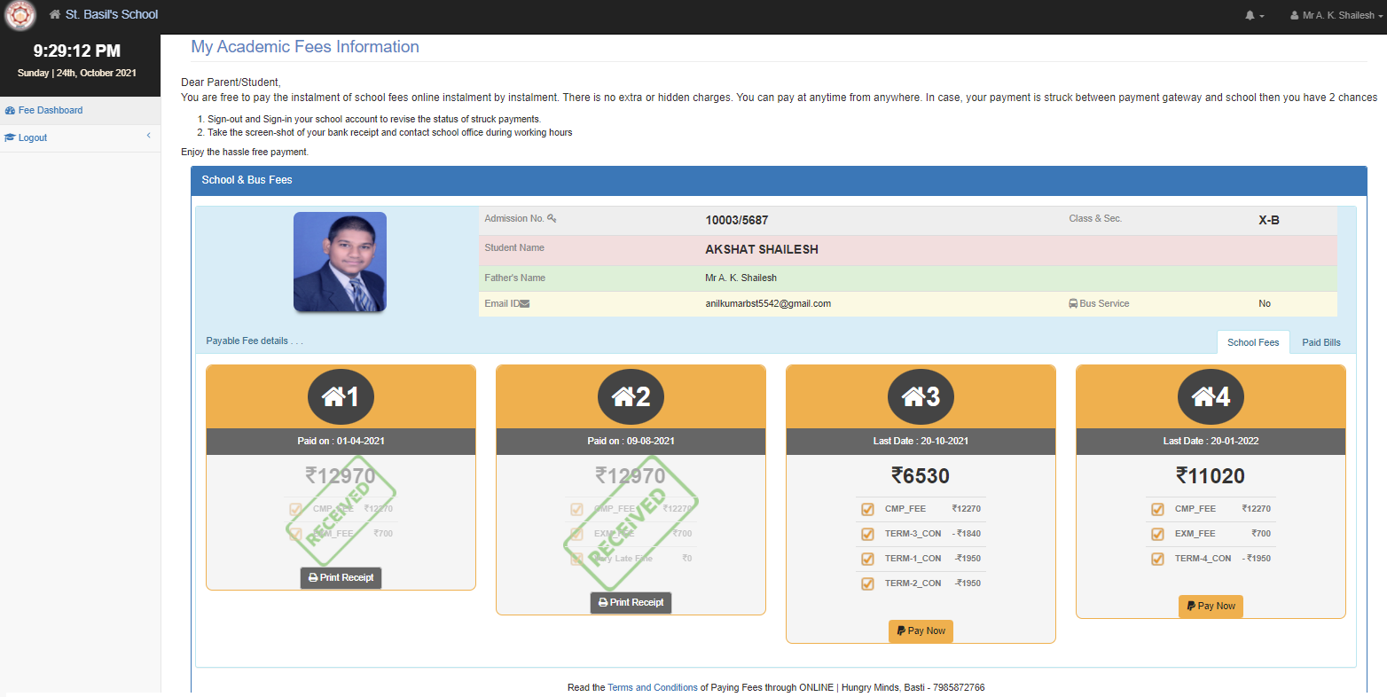 Semester fee position, instalments and online payment for every student.