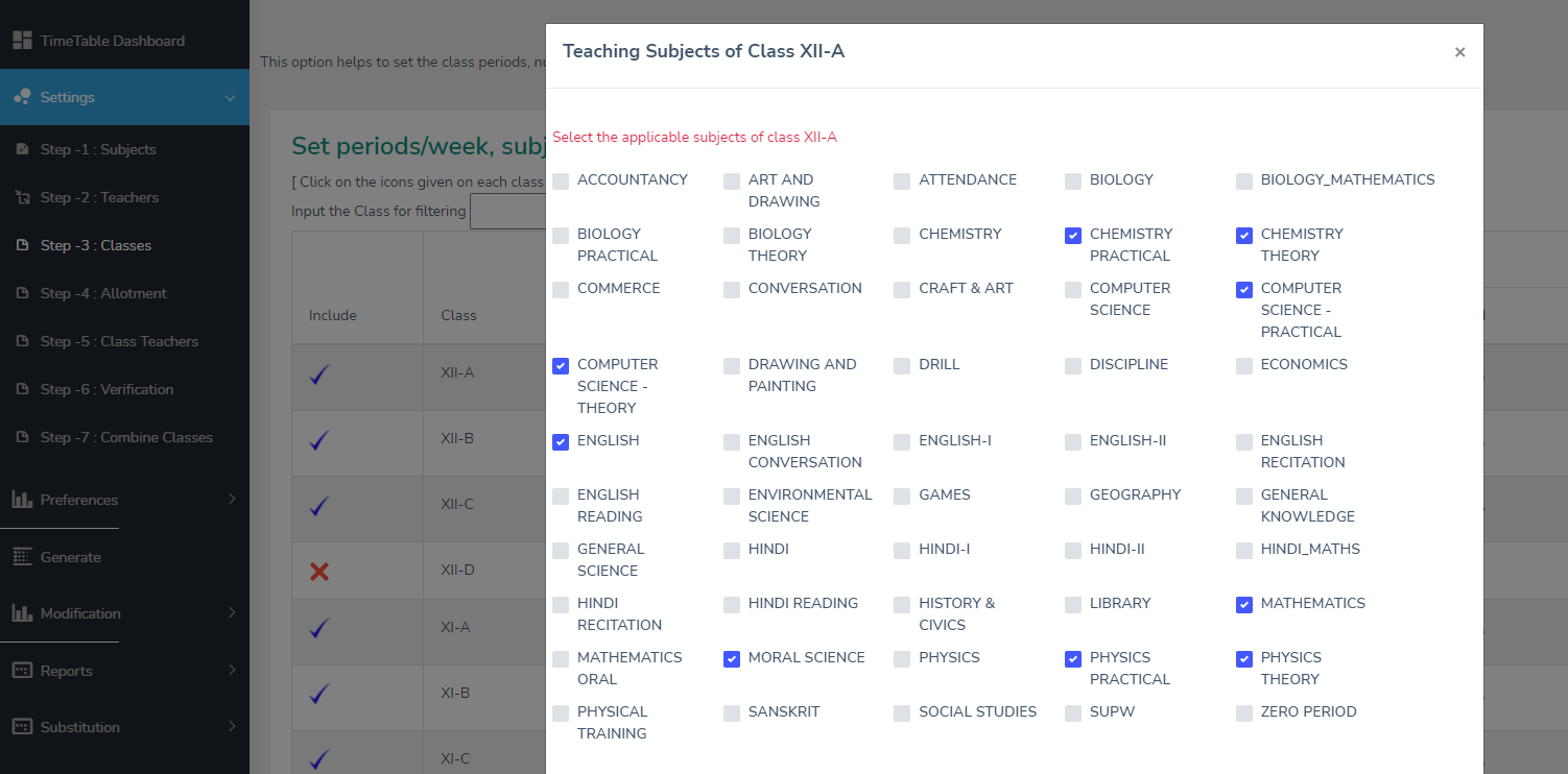 Subject and period distribution, verified before a single timetable is generated.